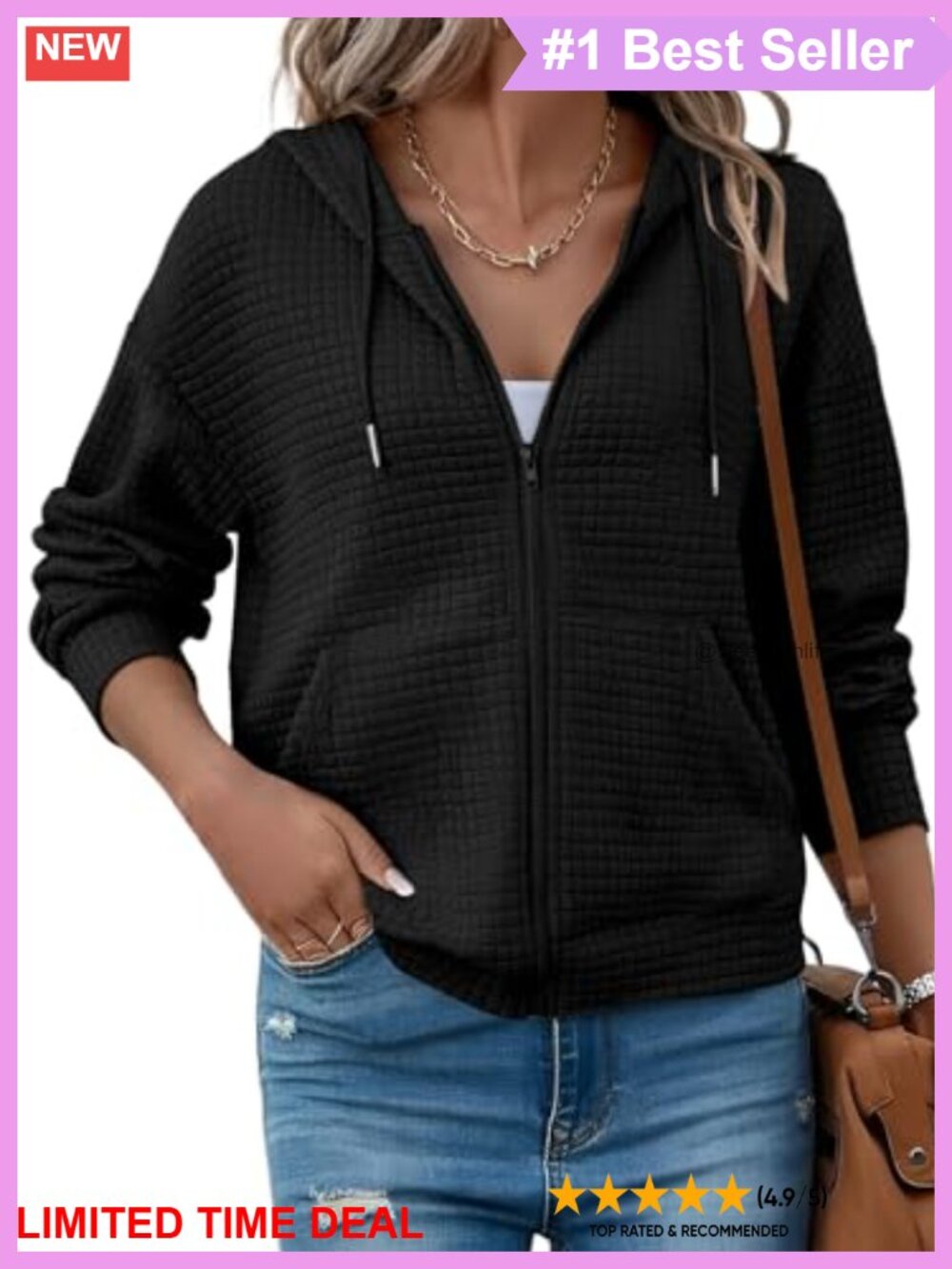 Waffle Knit Zip Up Hoodie Oversized Sweatshirt Casual